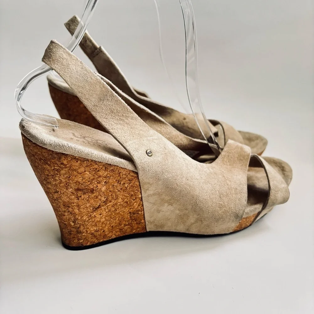 UGG Beige Suede Cork Sandals Wedge Platform Woman’s Shoe Size 9